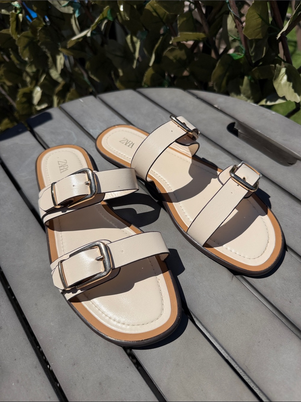 ZARA Cream Double-Buckle Slide Sandals with Gold Buckles